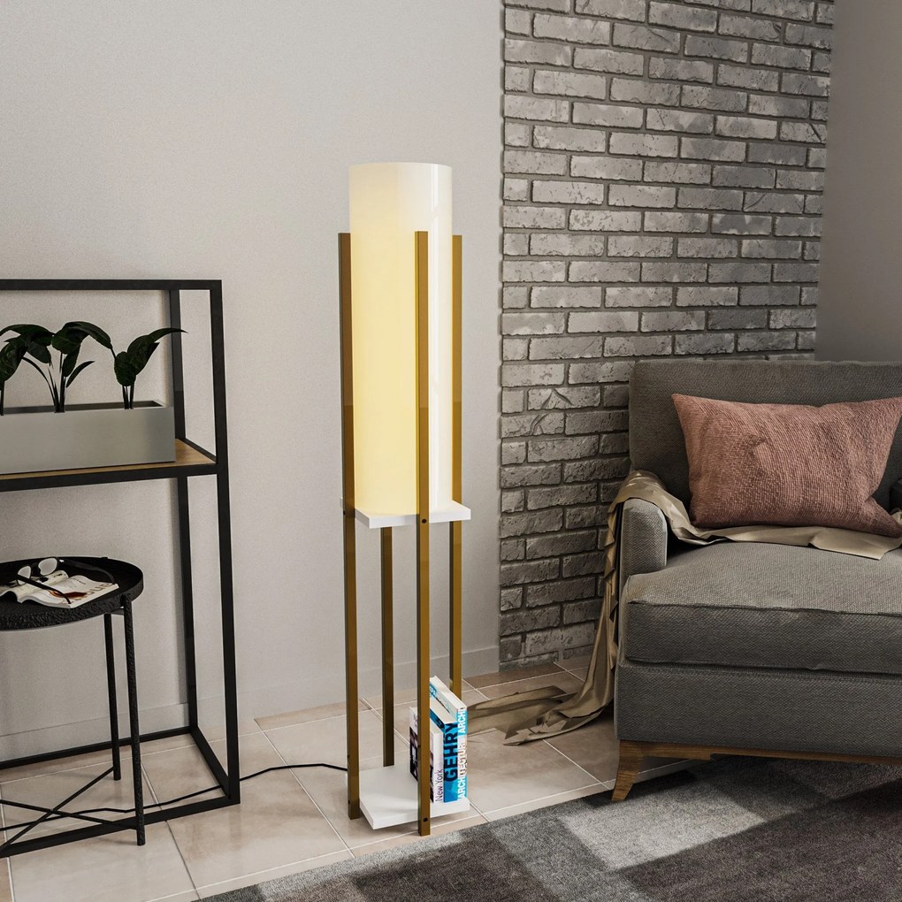 Candeeiro de Chão Shelf Lamp – Dourado e Branco – 25x25x130 cm