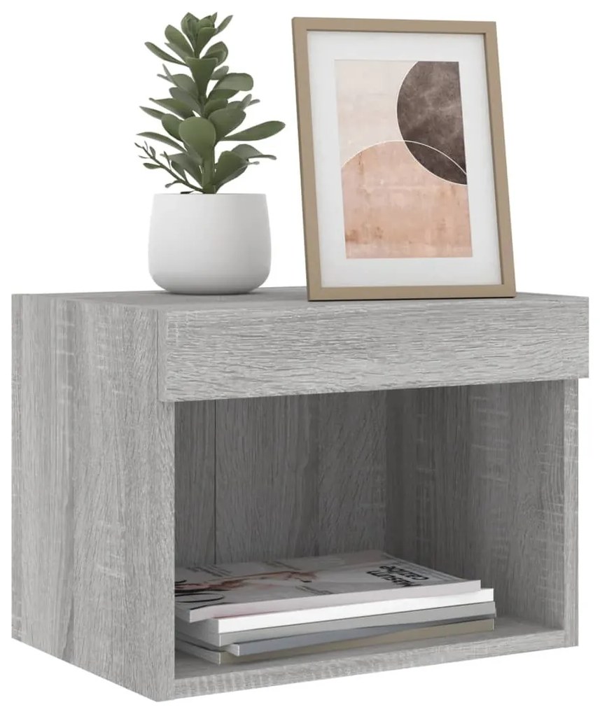 Mesa de cabeceira de parede com luzes LED cinzento sonoma
