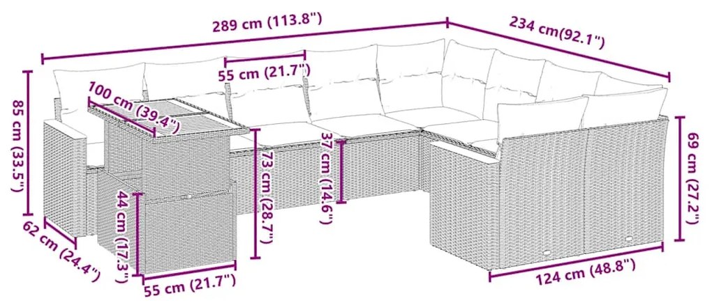10 pcs conjunto de sofás p/ jardim com almofadões vime PE bege