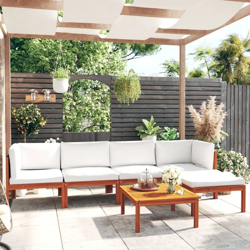 vidaXL 6 pcs conjunto lounge jardim c/ almofadões acácia maciça creme
