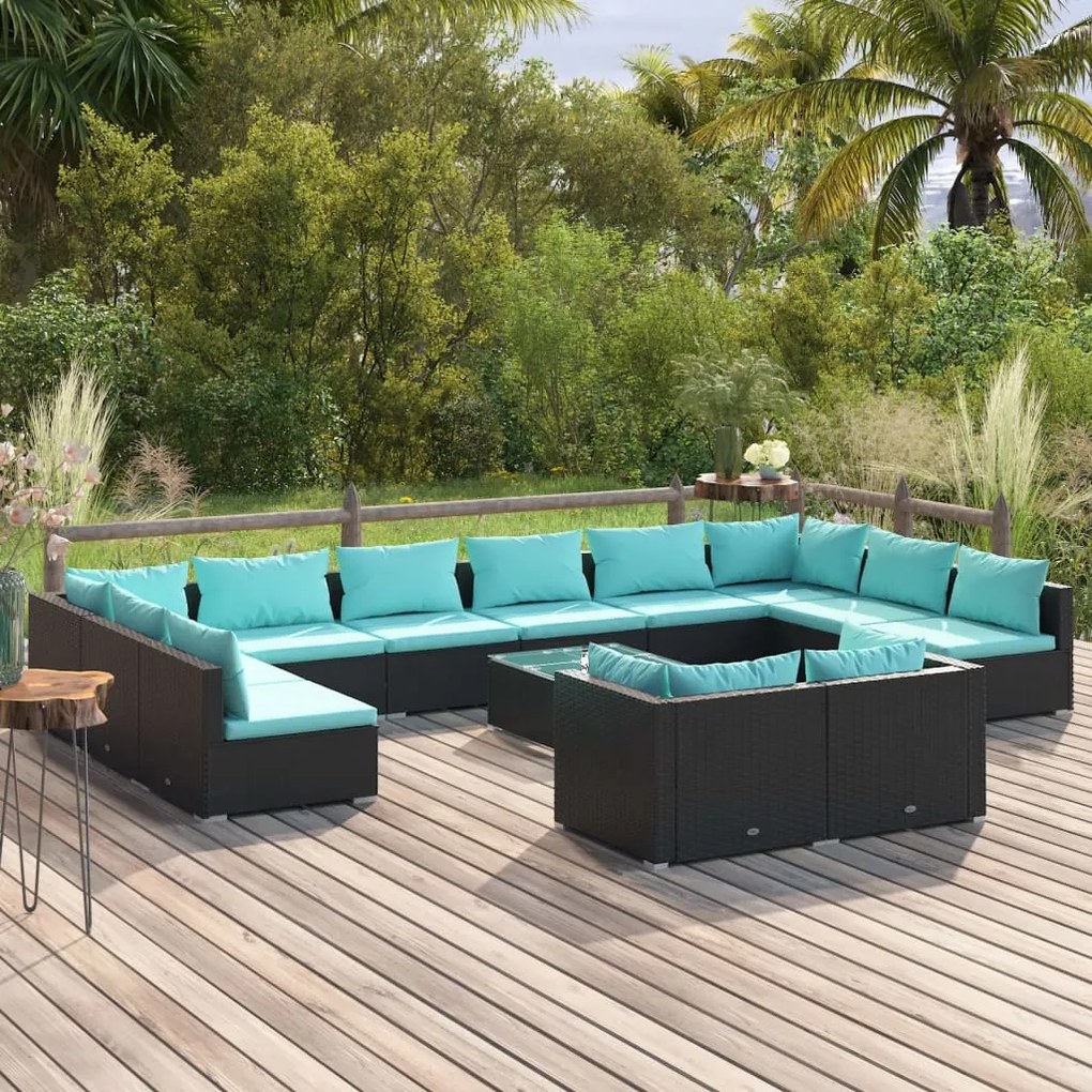 vidaXL 13 pcs conjunto lounge de jardim c/ almofadões vime PE preto