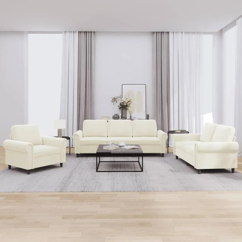 vidaXL 3 pcs conjunto de sofás com almofadões veludo cor creme