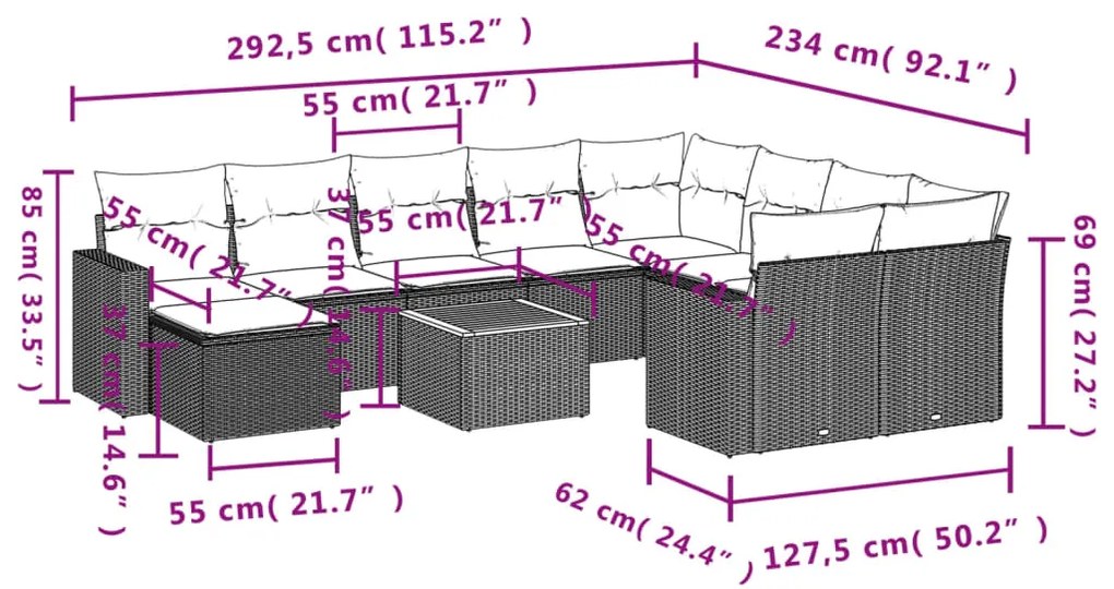 11 pcs conjunto sofás de jardim c/ almofadões vime PE bege