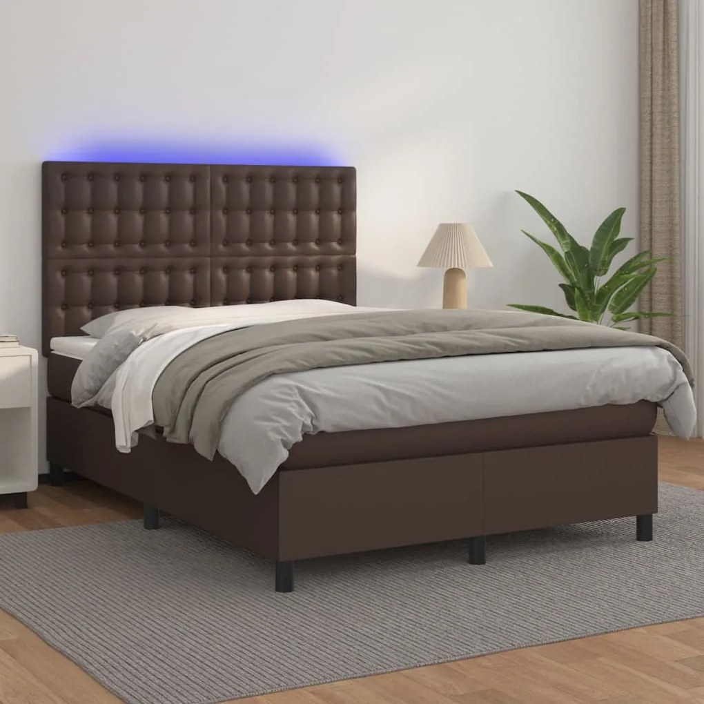 vidaXL Cama box spring c/ colchão/LED 140x190 cm couro artif. castanho
