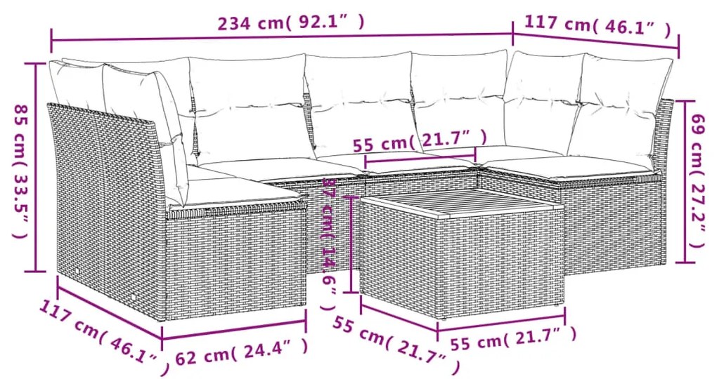 7 pcs conjunto sofás p/ jardim c/ almofadões vime PE cinzento