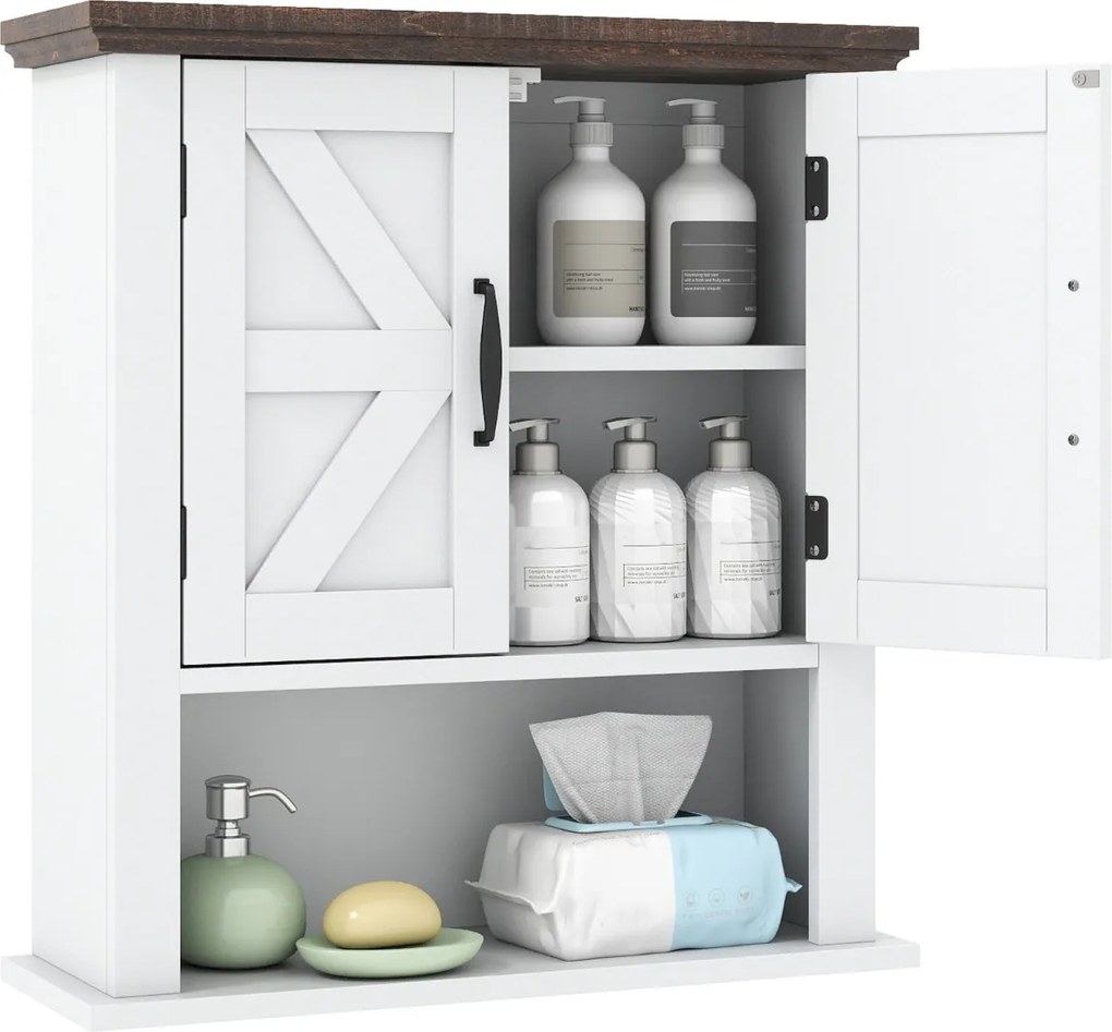 Armário de parede casa de banho, sala, cozinha ou entrada 55 x 19 x 60 cm com portas em estilo rústico, prateleira ajustável e compartimento aberto Br
