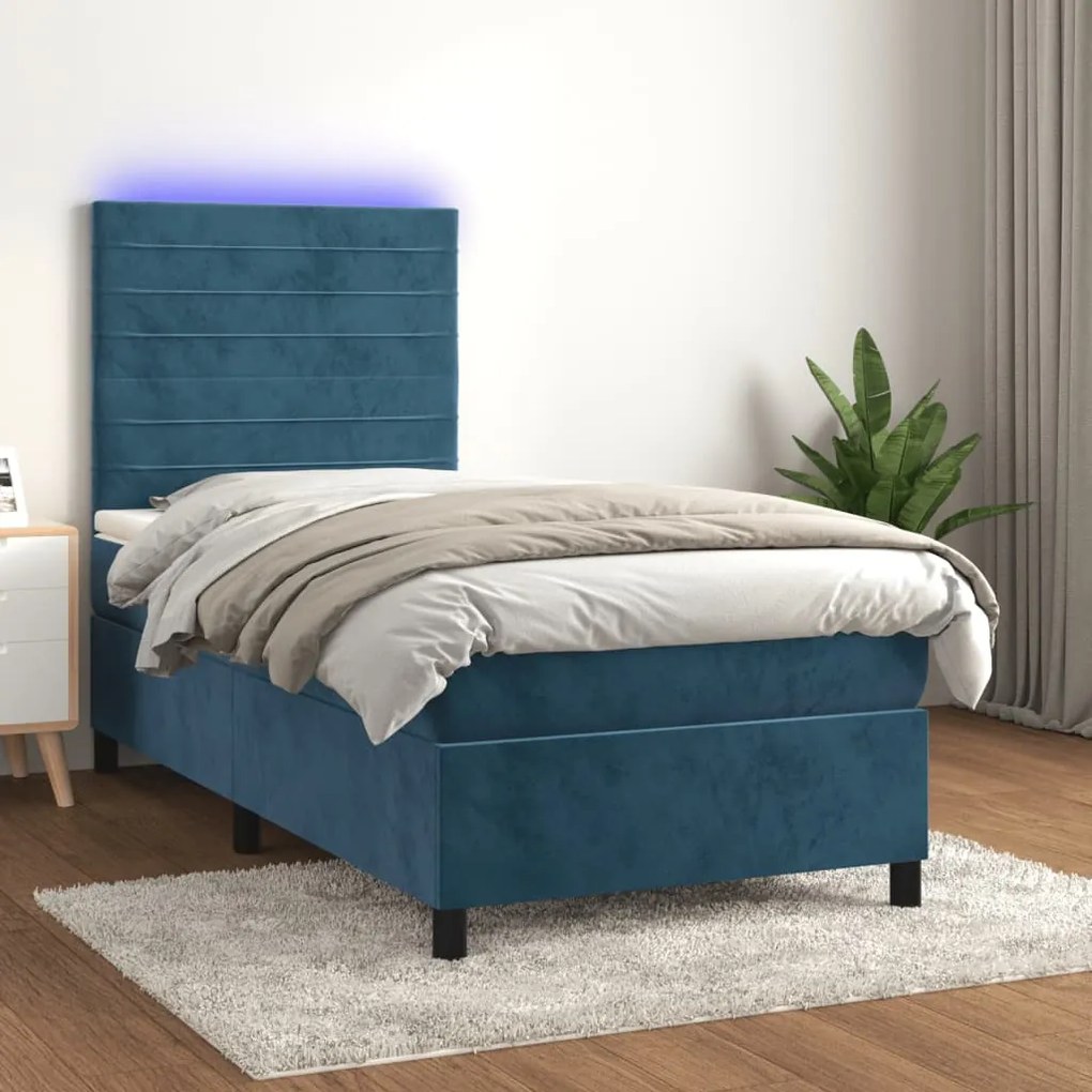 Cama box spring c/ colchão/LED 80x200 cm veludo azul-escuro