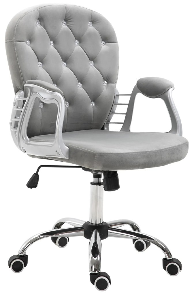 Cadeira de Escritório Estofada em Veludo Cadeira Giratória com Altura Ajustável e Decorações de Cristal 59,5x60,5x95-105 cm Cinzenta
