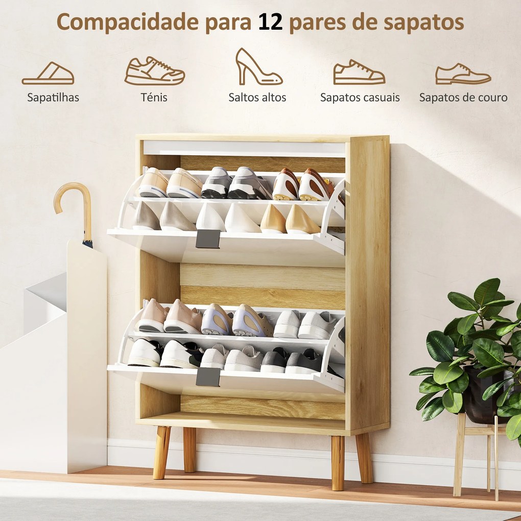 Sapateira Estreita com 2 Portas em Branco Brilhante e Estantes Ajustáveis Pés de Madeira para 12 Pares de Sapatos 60x24x91 cm