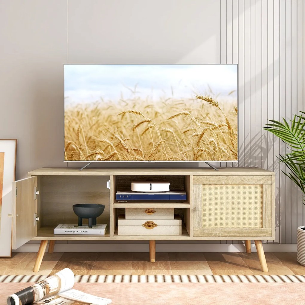 Móvel de TV 55” Rattan PE com 2 portas e prateleiras abertas 120 x 40 x 40,5 cm Natural