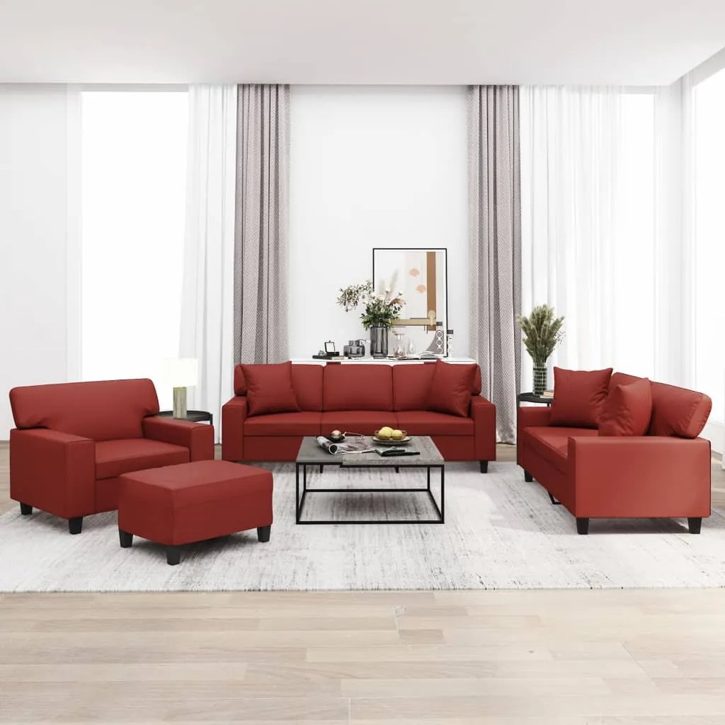 vidaXL 4 pcs conjunto sofás c/ almofadões couro artif. vermelho tinto