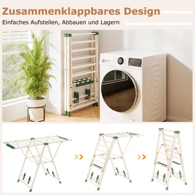 Estendal dobrável 141 x 56 x 99–148 cm com braços ajustáveis, pinças para meias e prateleira para sapatos, estendal independente para roupa, cor bege