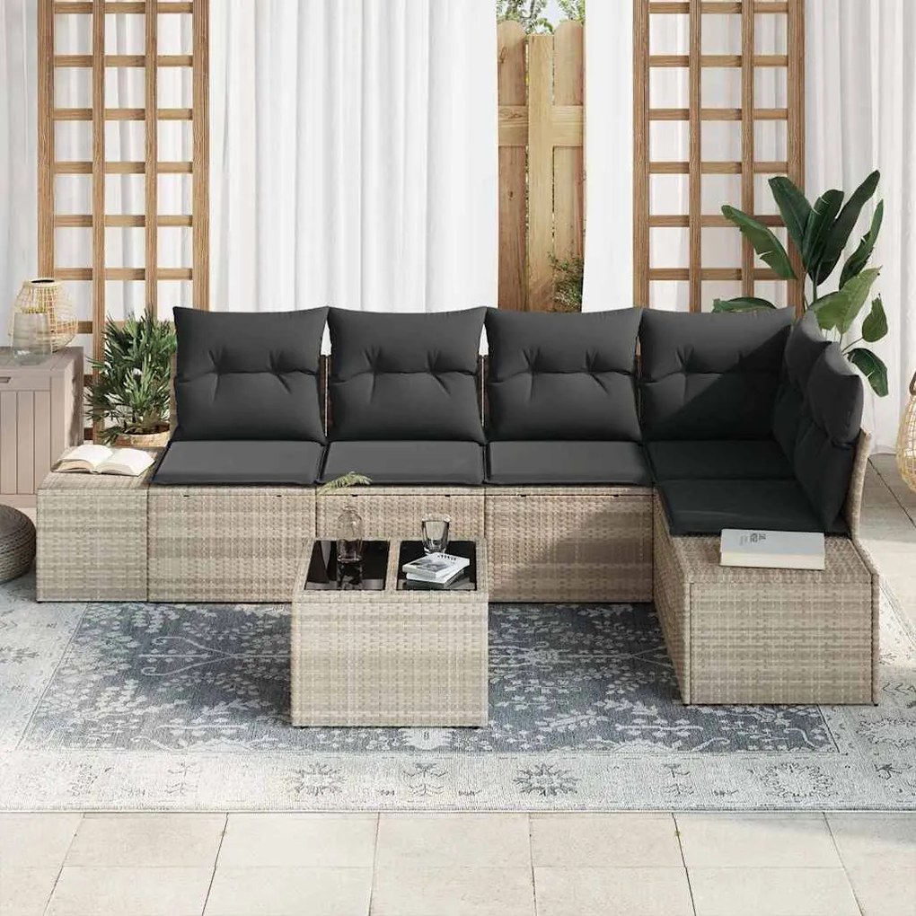 Conjunto de Sofás de Jardim de 6 Peças com Almofadas Cinzas em Rattan