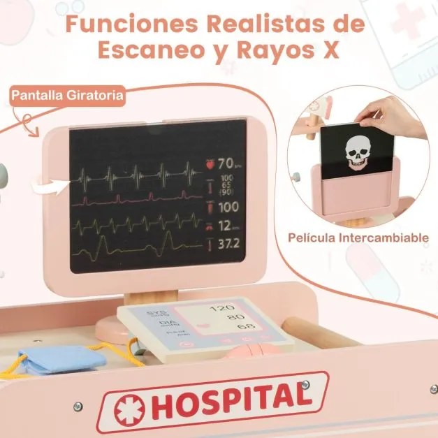 Kit médico de madeira para crianças com carrinho e máquina de tomografia computadorizada Estetoscópio Centro de atividades móvel Brinquedo para crianç