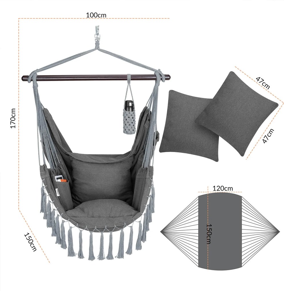 Cadeira suspensa 170x100x150cm com almofadas antracite