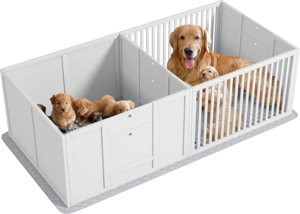Caixa de parto para cães e cachorros, parque de parto para cães com porta de altura ajustável 166 x 80 x 50 cm, branco