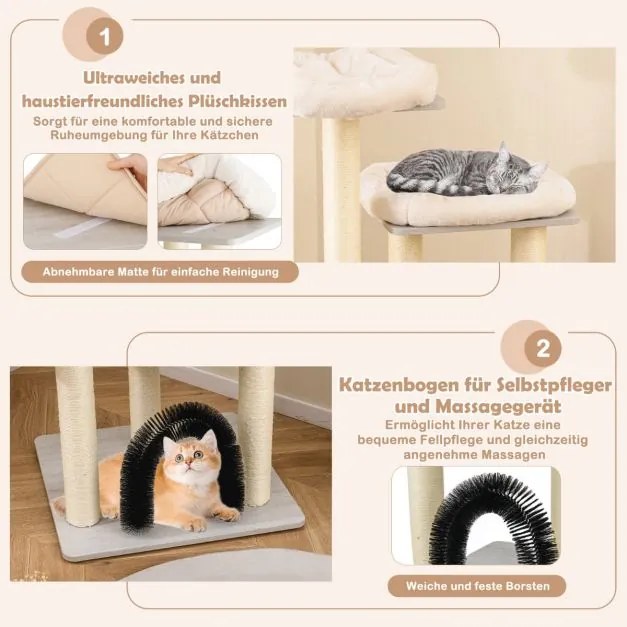 Arranhador Gatos 176 cm de 6 níveis com tapetes confortáveis, caverna e arco para gatos em cinzento