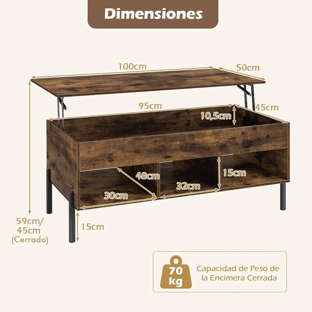 Mesa de centro 100 x 50 x 45 cm elevável com tampo ajustável, amplo compartimento oculto e 3 espaços abertos, com pés em metal Café