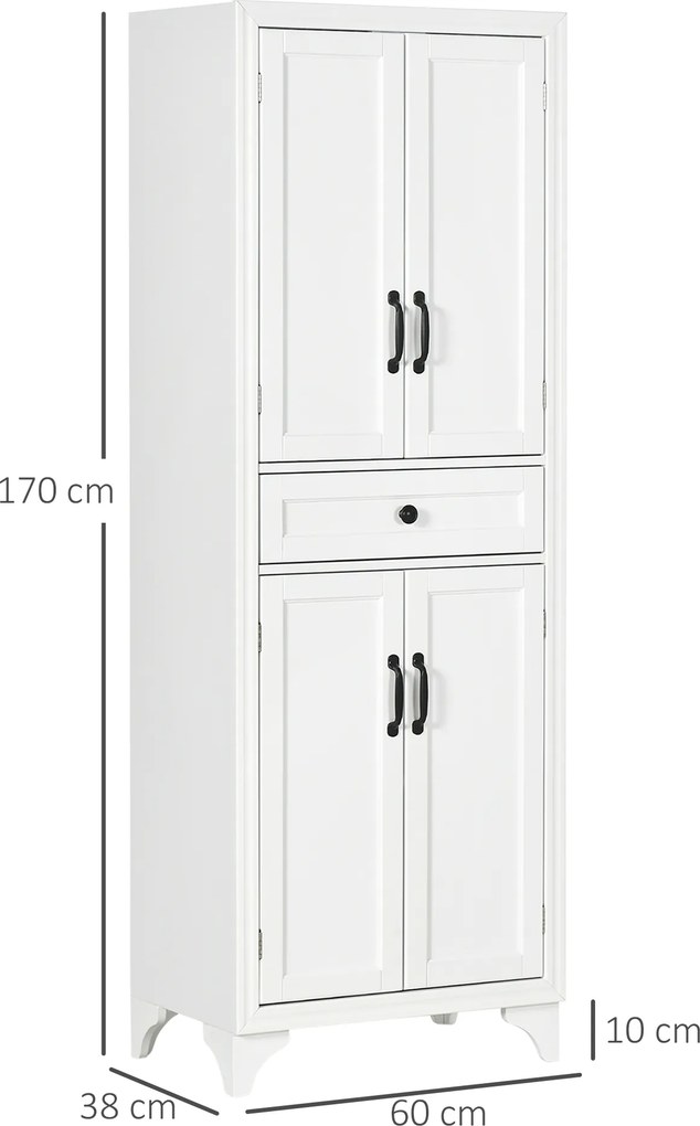 Armário alto de cozinha com 4 portas, 2 compartimentos e 1 gaveta central, altura de 170 cm, com prateleira ajustável, branco