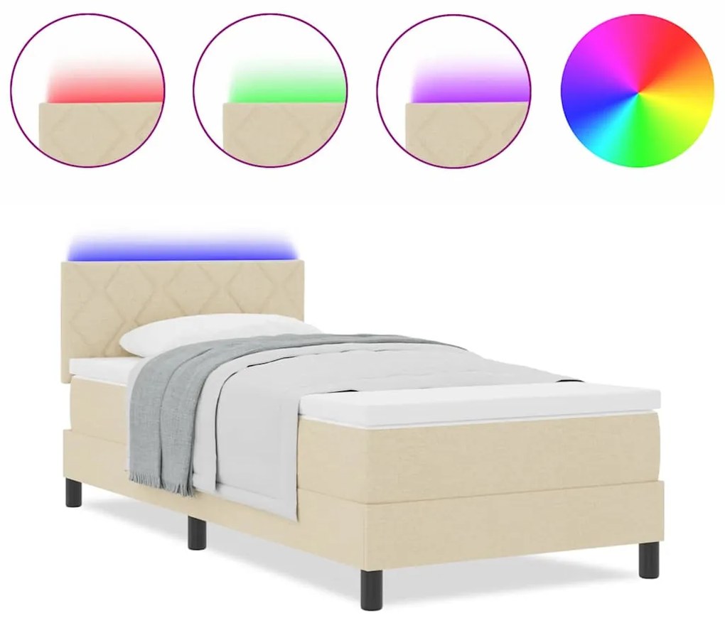 Cama Box com Colchão e Luz LED Creme 90x200 cm Tecido