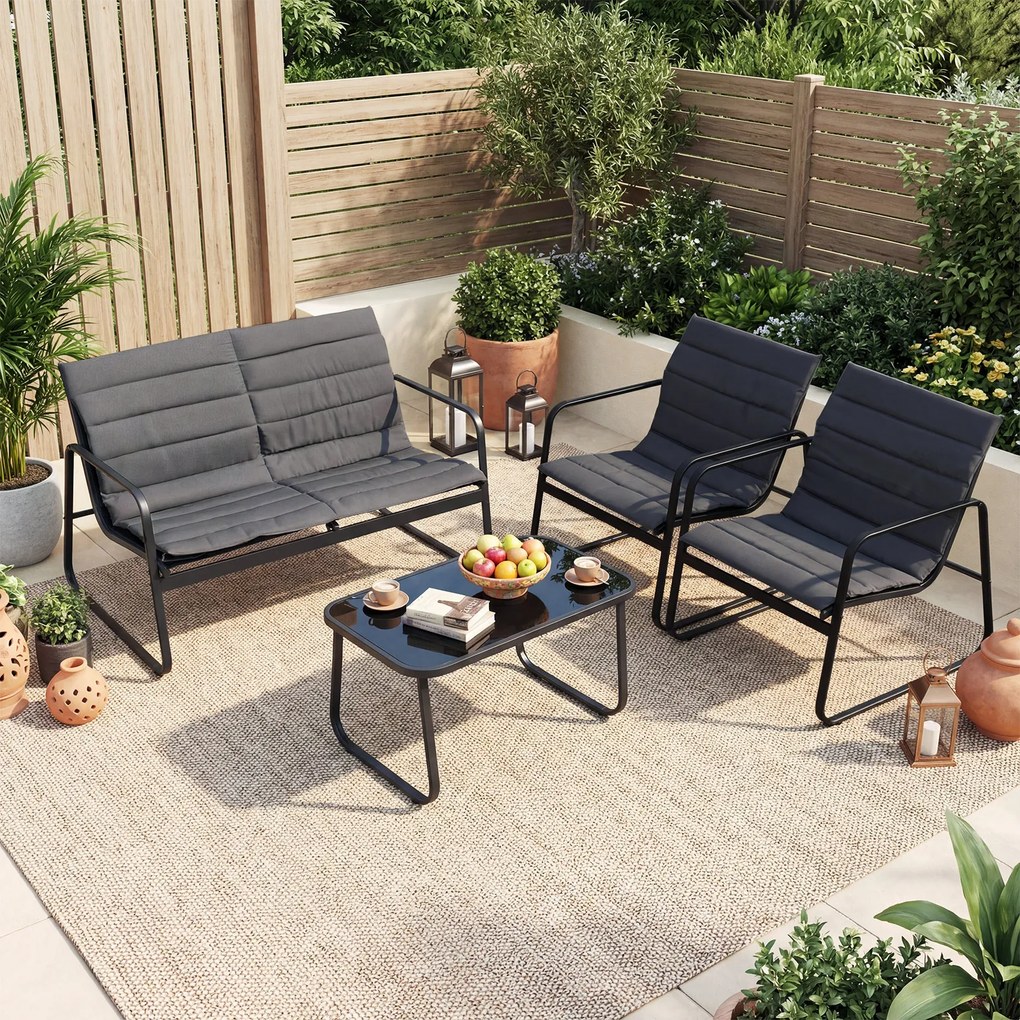 Conjunto de 4 Peças para Exterior: Sofá de 2 Lugares, 2 Cadeiras e Mesa de Centro, 75 x 44 x 41 cm, Almofadas Removíveis, Preto+Cinza