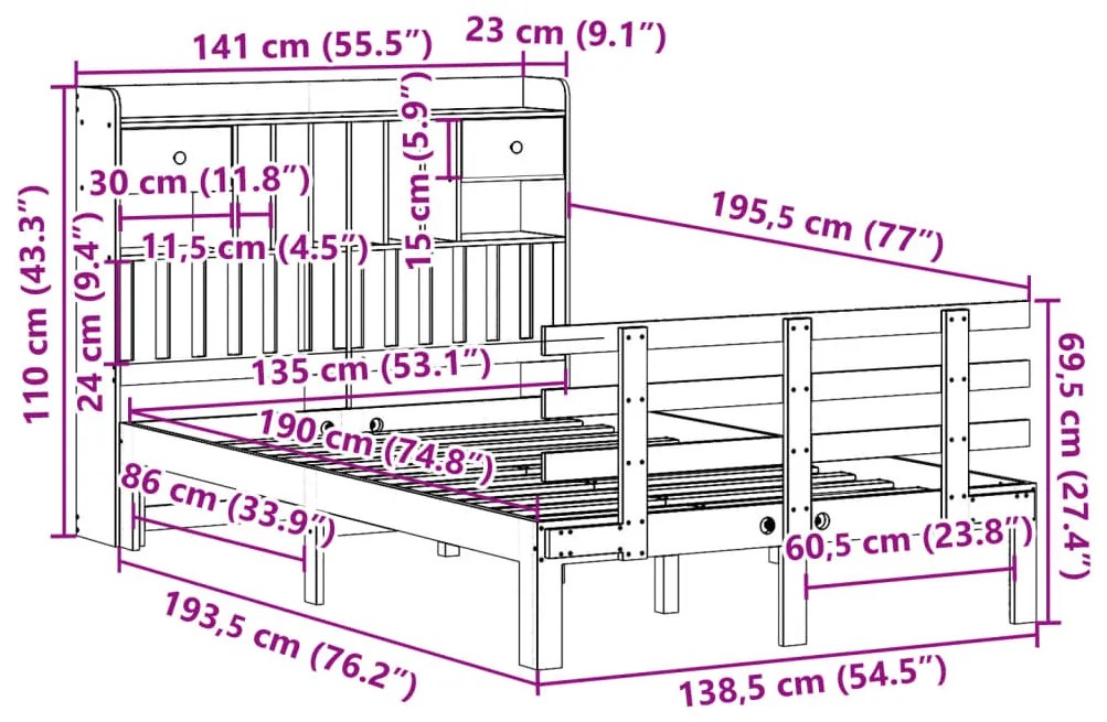 Cama com estante sem colchão 135x190 cm pinho maciço