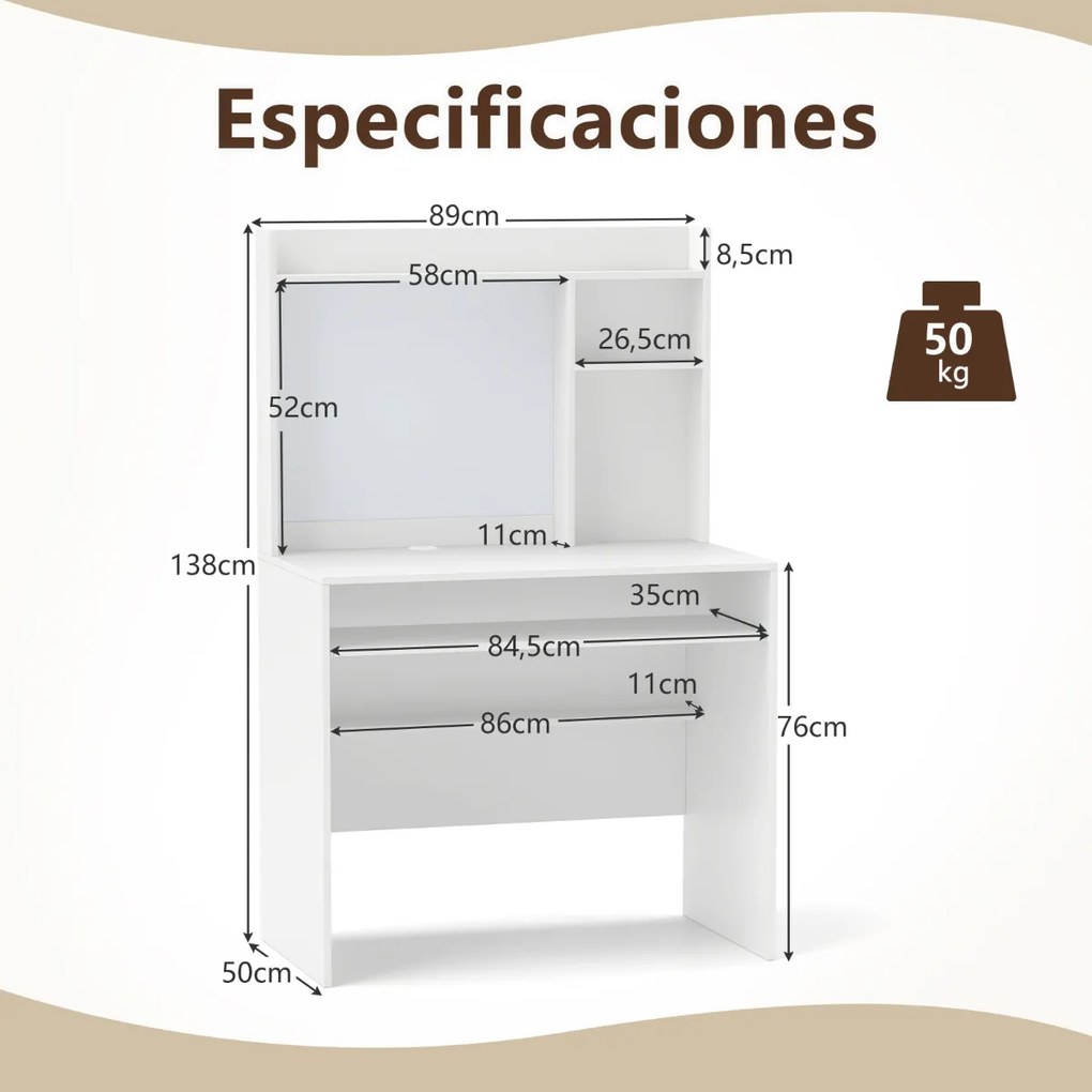Secretária de computador 89 x 50 x 138 cm com quadro de avisos magnético e com Estante e Tabuleiro para teclado branco