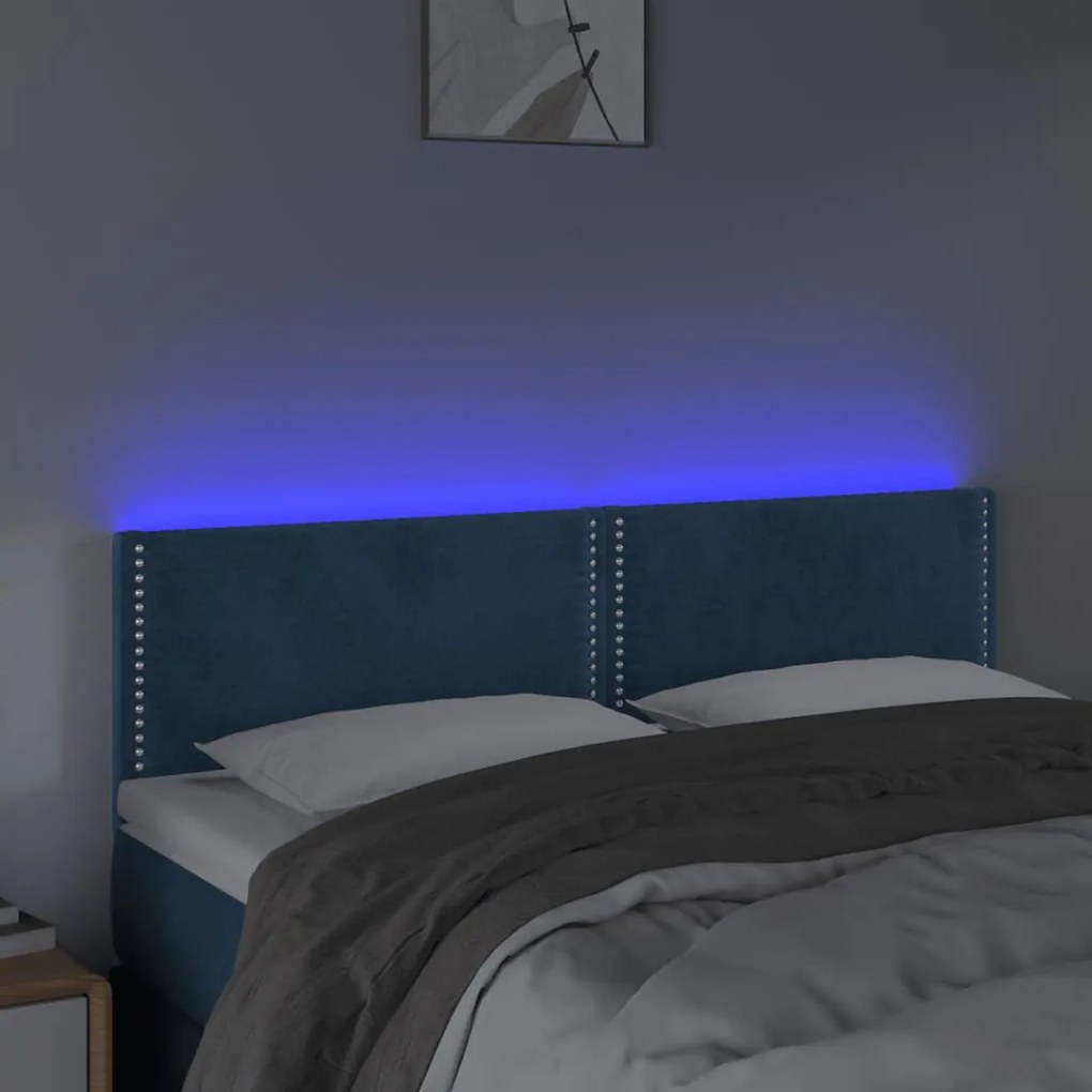 Cabeceira de cama c/ luzes LED veludo 144x5x78/88cm azul-escuro