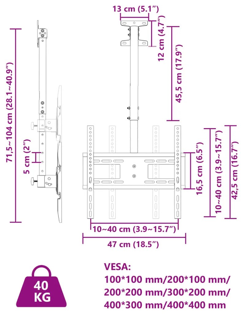 Suporte de teto p/ TV ecrãs de 32-65" Max VESA 400x400mm 40kg