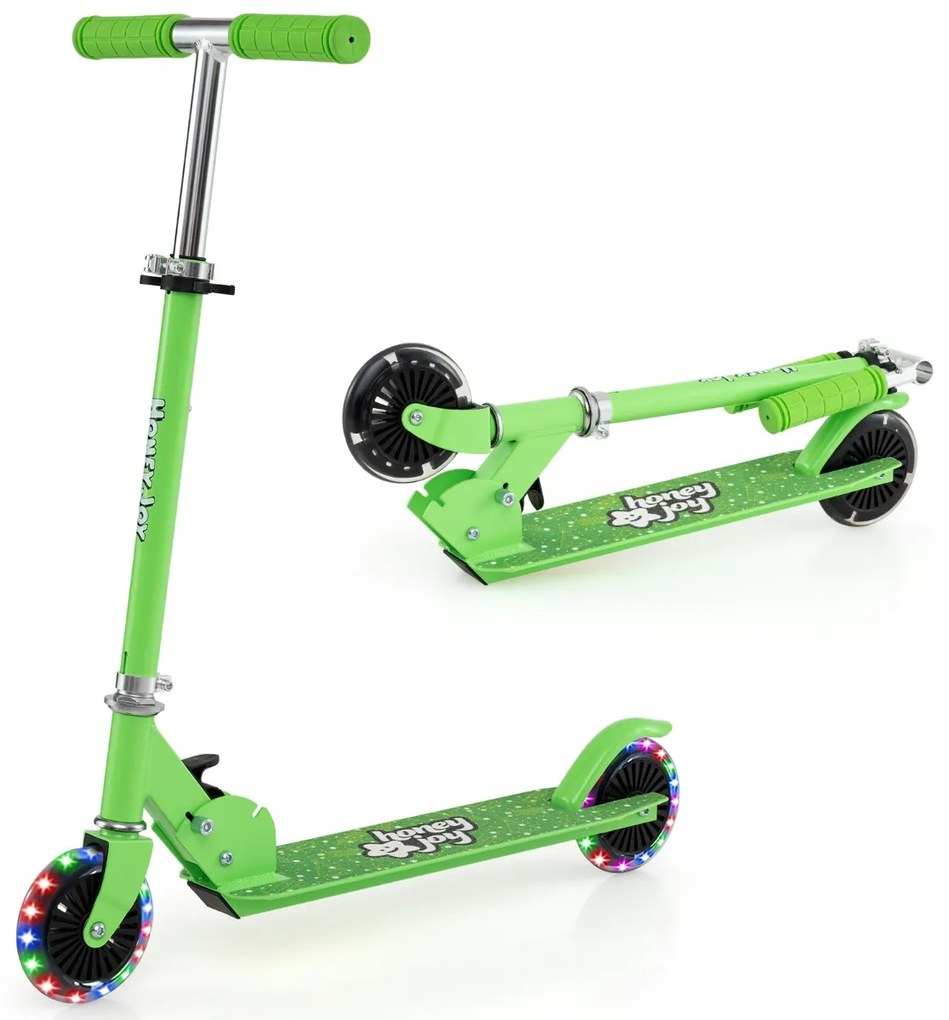 Trotinete dobrável para crianças com 2 rodas intermitentes, guiador ajustável e sistema de travagem traseiro Verde