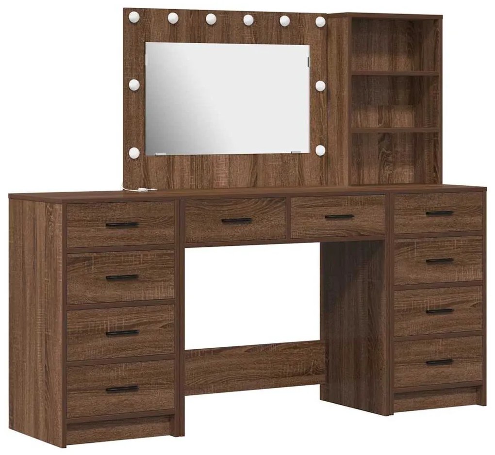 Conjunto de Mesa de Maquilhagem de 3 Peças com LED em Madeira de Carva