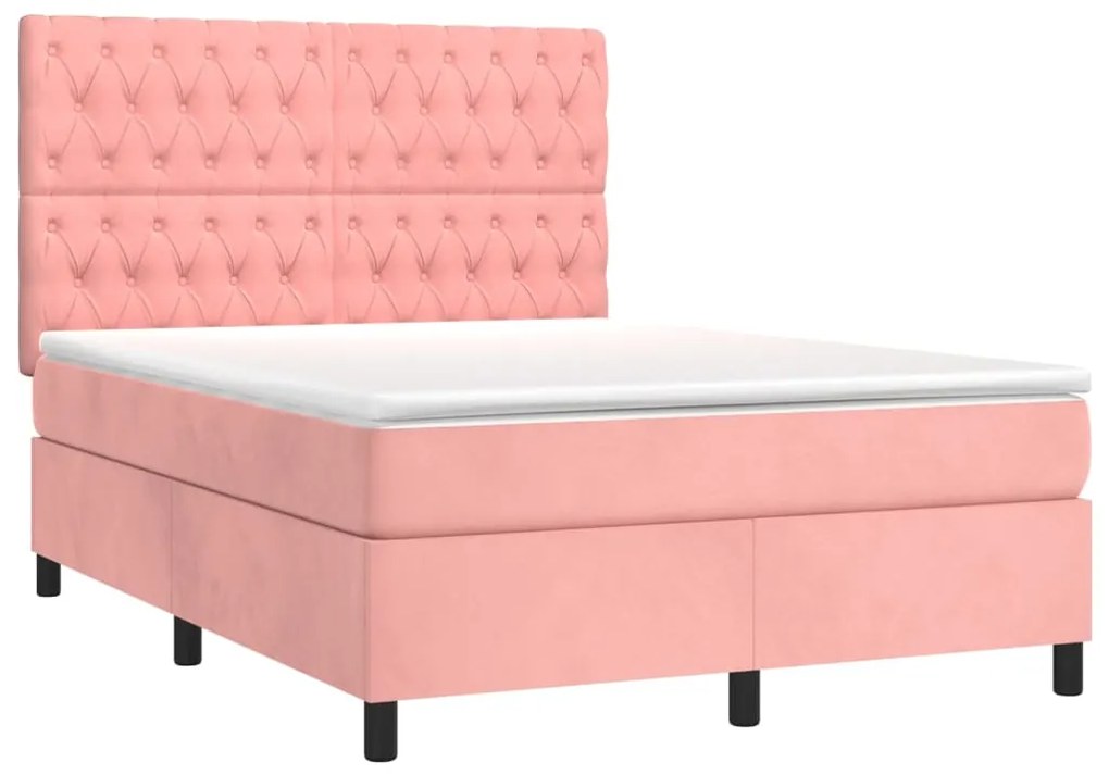 Cama box spring c/ colchão/LED 140x200 cm veludo rosa