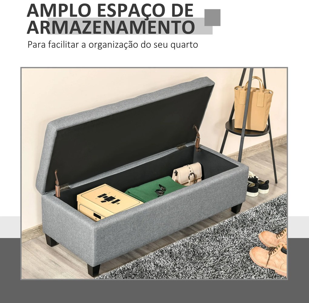 Banco de Armazenamento Acolchoado Banco Estofado em Linho Tampa com Abertura 25x49x41,5 cm Cinza
