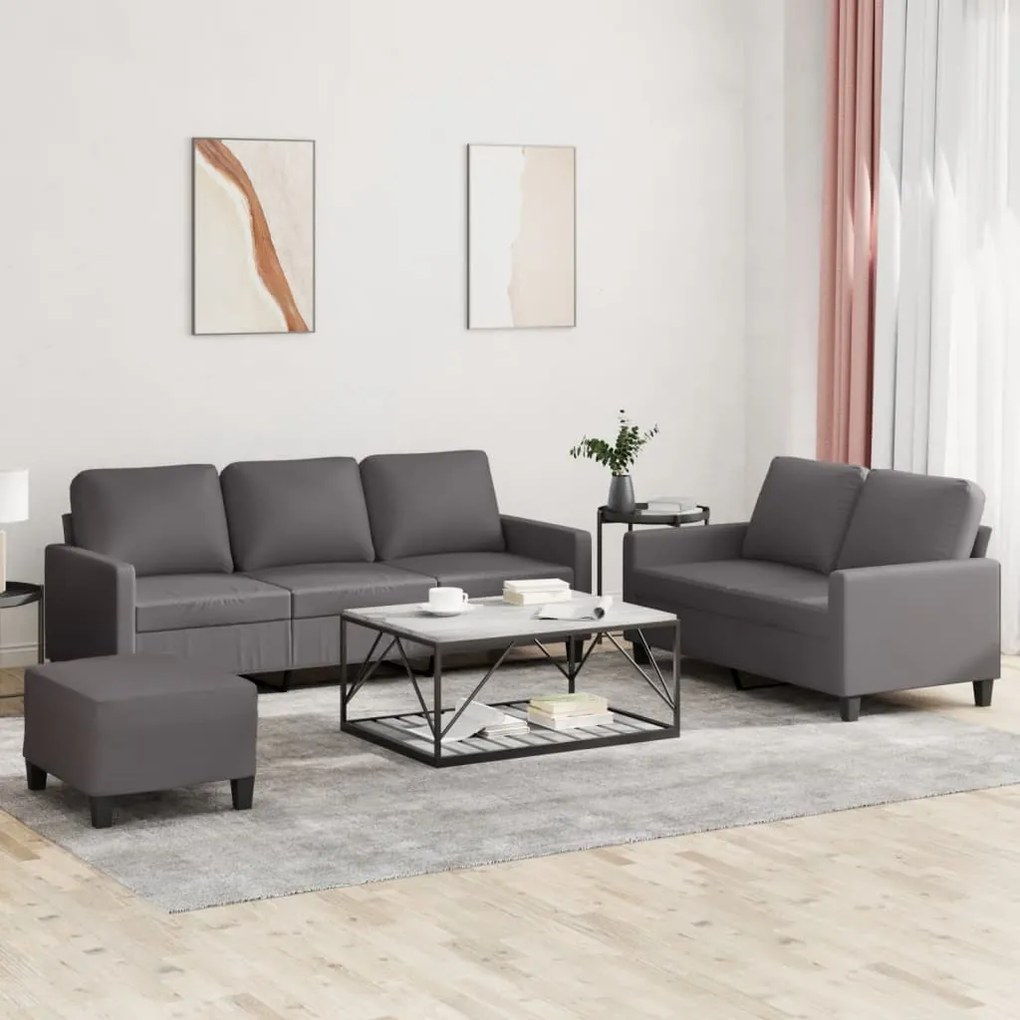 3201425 vidaXL 3 pcs conjunto de sofás c/ almofadões couro artificial cinzento