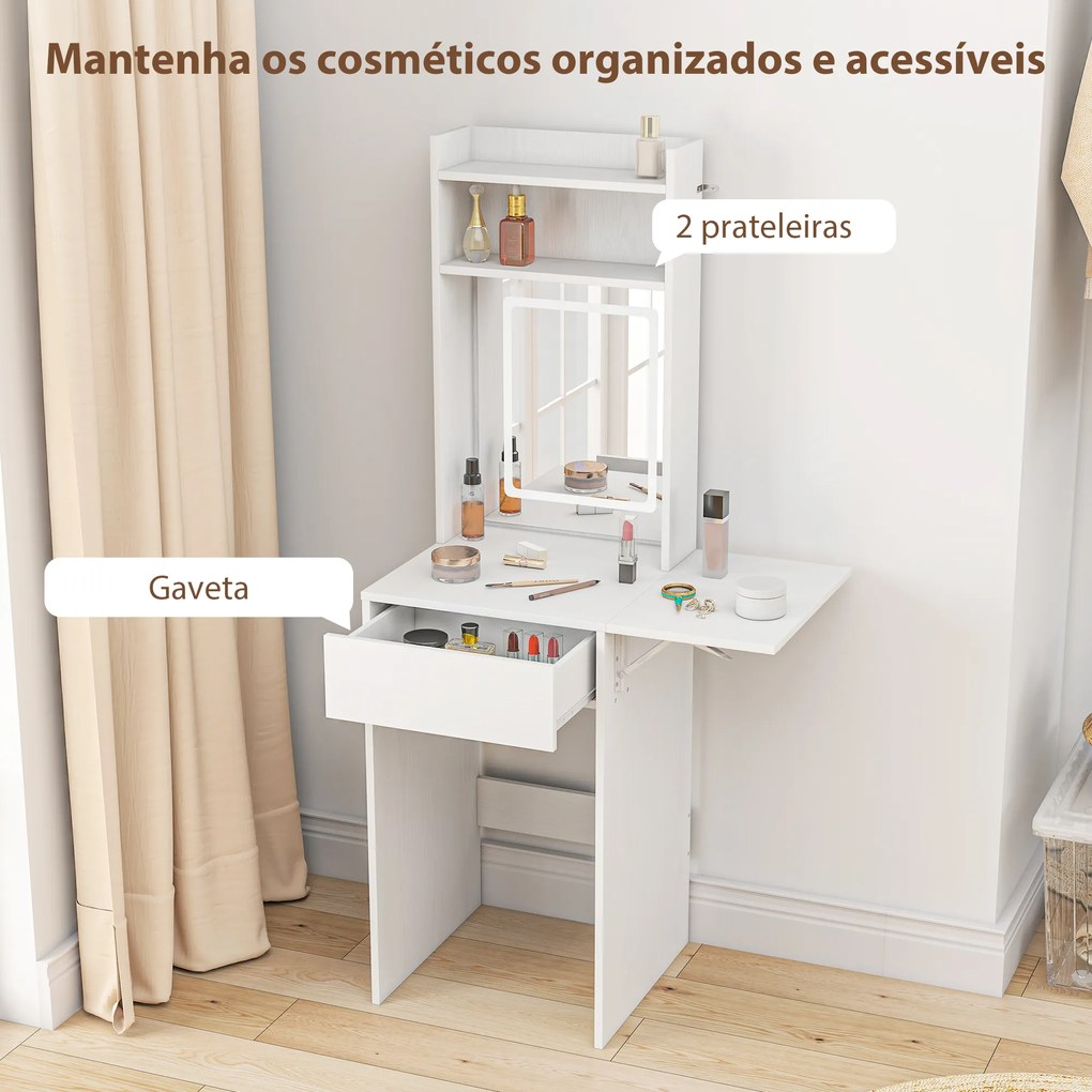Toucador de Maquilhagem com Luzes LED de Cor Ajustável e Espelho Tocador com Lateral Rebatível Gaveta 45x45x152 cm Branco