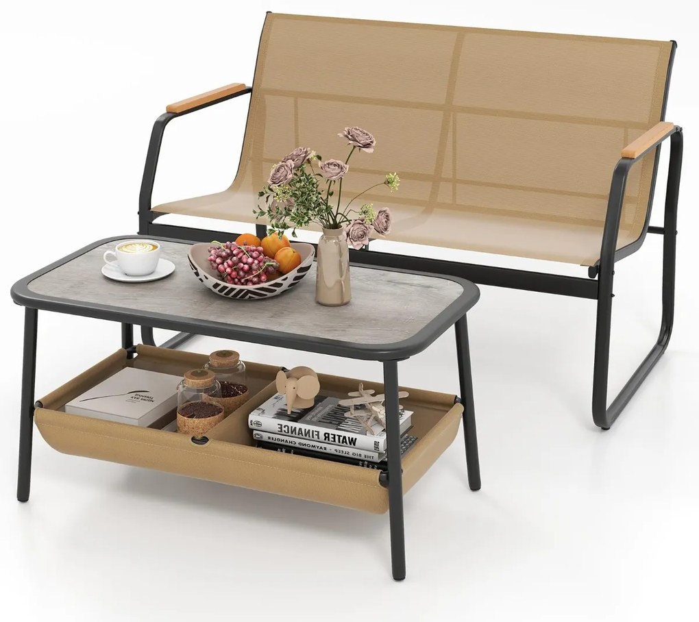 Conjunto de móveis de jardim de 2 peças Loveseat para exterior e mesa de café com 2 compartimentos de arrumação Castanho