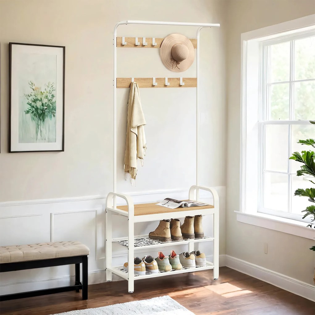 Cabide, móvel entrada com bengaleiro, com banco para sapatos 33,7 x 72 x 183 cm Branco + natural