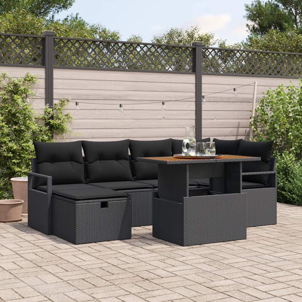 Conjunto de Sofá de Jardim vidaXL de 7 Peças com Almofadas Pretas de R