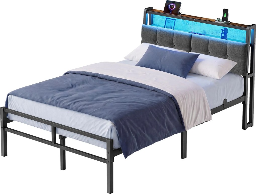 Cama de metal 120 x 200 cm com iluminação LED (COLCHÃO NÃO INCLUIDO), tomadas e espaço de arrumação, preta