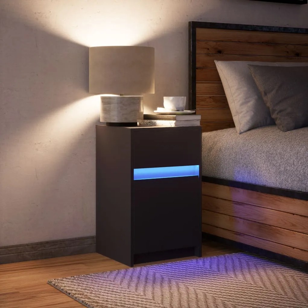 Mesa de cabeceira com luzes LED derivados de madeira preto