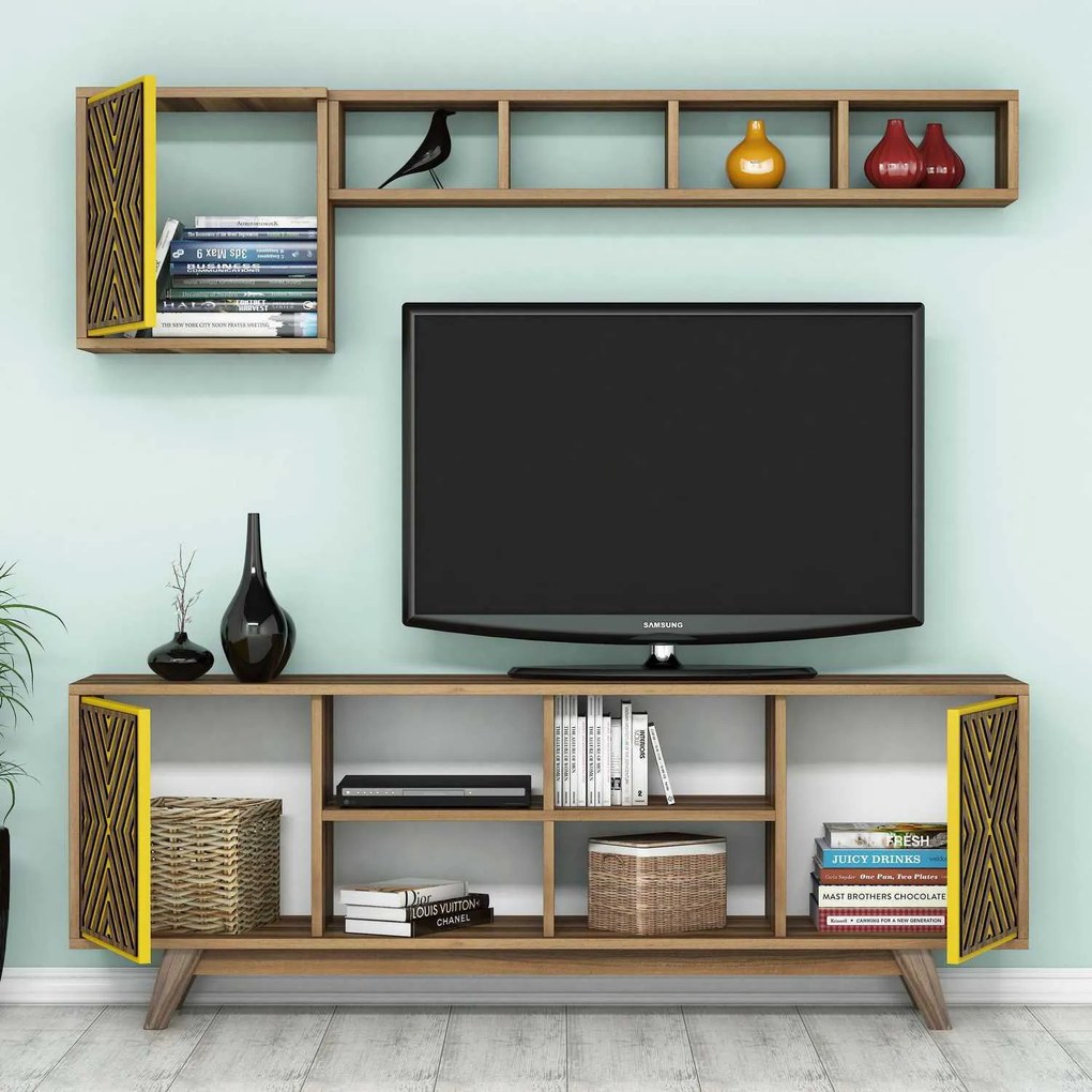 Móvel TV Inci – Nogueira e Amarelo – 160x56,2x35 cm