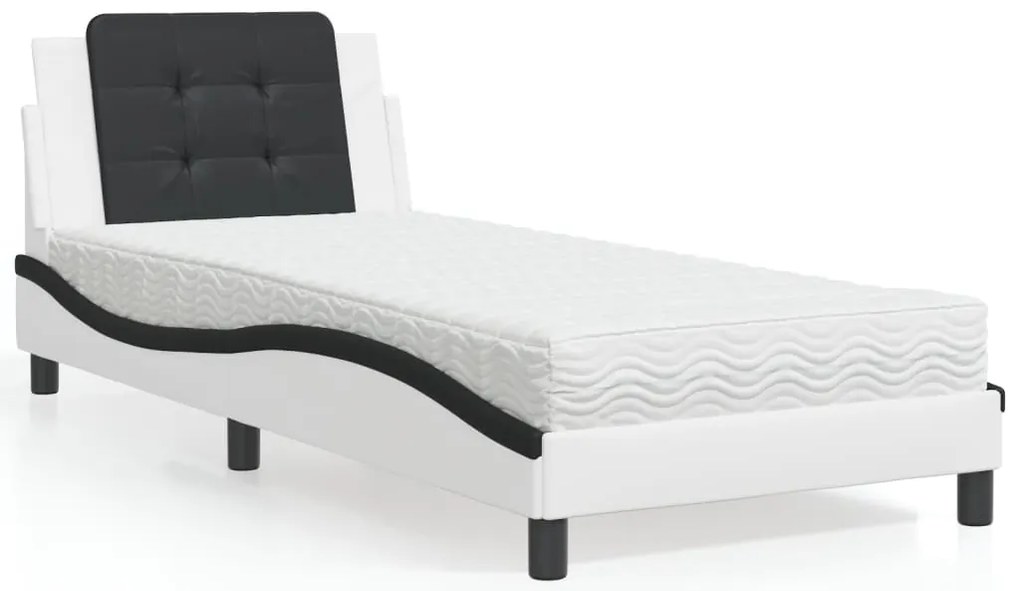 Cama com colchão 90x200 cm couro artificial branco e preto