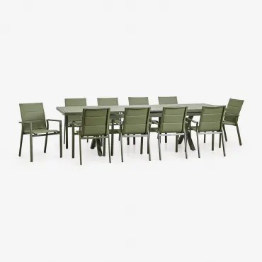 Conjunto De Mesa Retangular Extensível 240-300x100 Cm E 10 Cadeiras De Jardim Empilháveis Com Apoios De Braços Em Alumínio Karen Verde Azeitona Intens