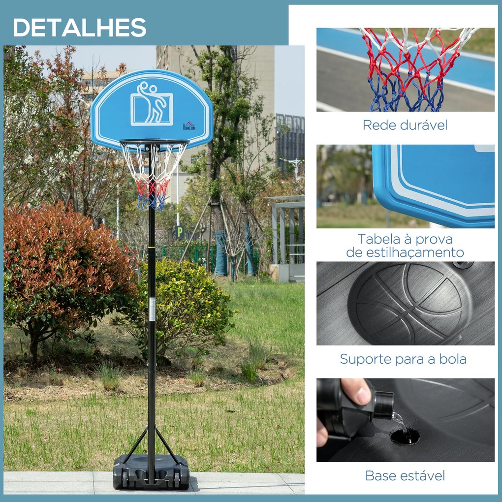 HOMCOM Tabela de Basquetebol para Exterior com Altura Ajustável 160-210cm Cesta de Basquetebol com Rodas Tabela de PE e Base Recarregável 76x70x197,5-254cm Preto e Azul