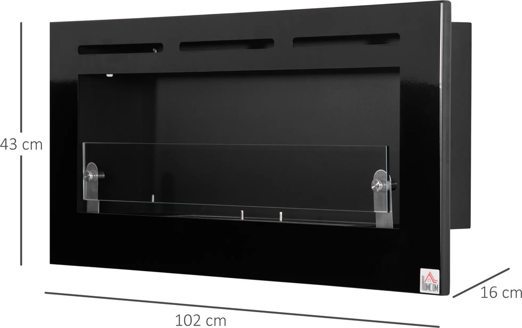 Lareira de bioetanol de parede para encastrar 102 x 16 x 43 cm, queimador de 2,8 L, cerca de 3,5 h de autonomia, cobertura de 25-30 m², preto