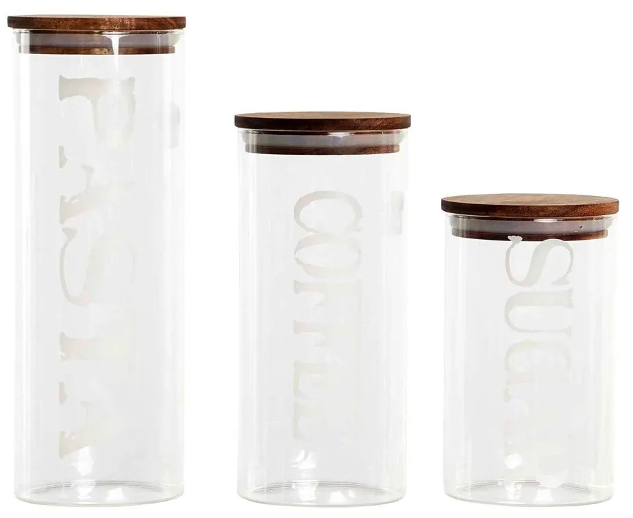 Conjunto de 3 Potes DKD Home Decor 10,2 x 10,2 x 27,7 cm Natural Transparente Acácia Letras Vidro de Borosilicato