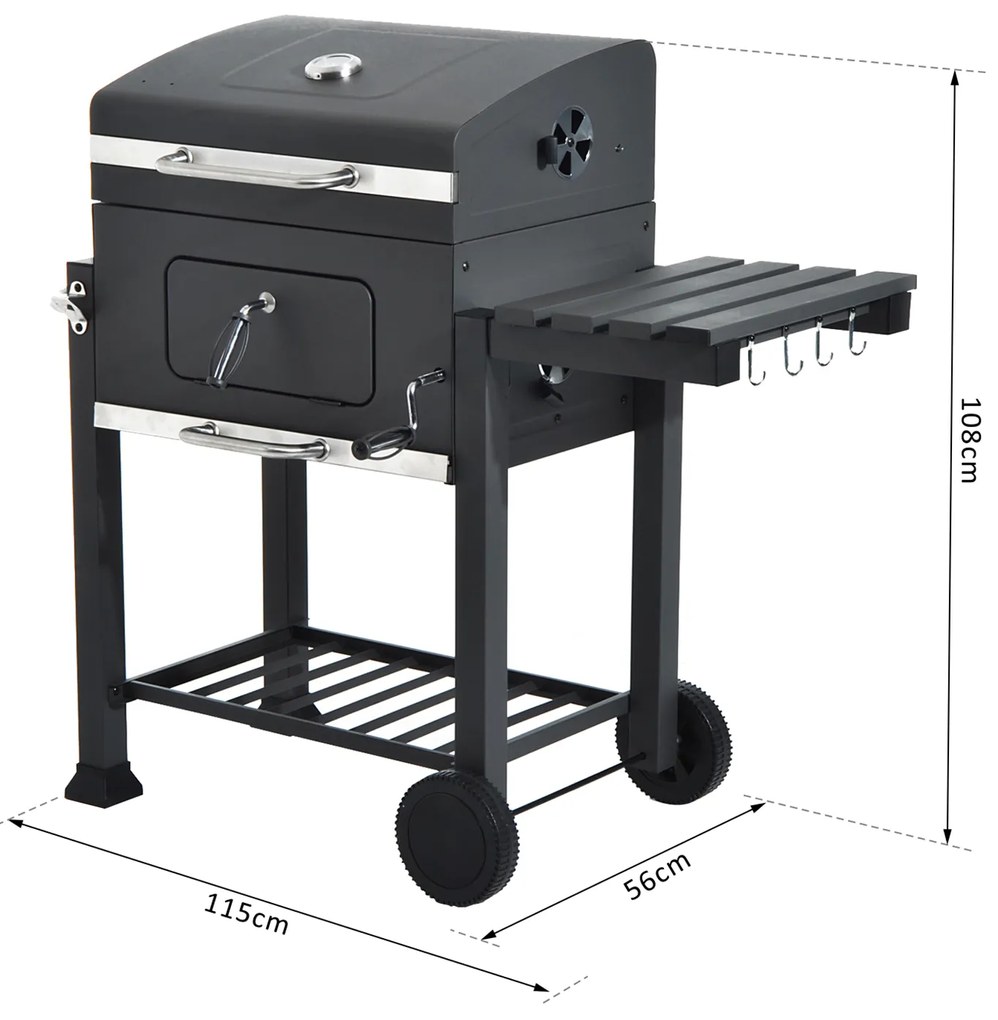 Churrasqueira Vegetal com Prateleiras de Rodas Grelha de barril Carrinho de piquenique para churrasco Camping Fumador Fumaça de Carbono 115x56x108cm