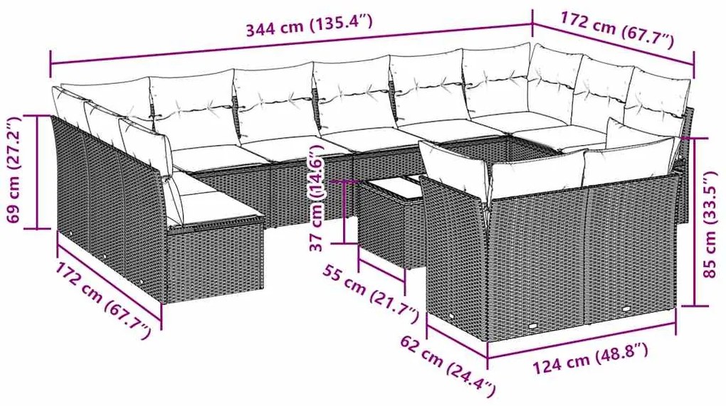 13 pcs conj. sofás jardim c/ almofadões vime PE cinzento-claro