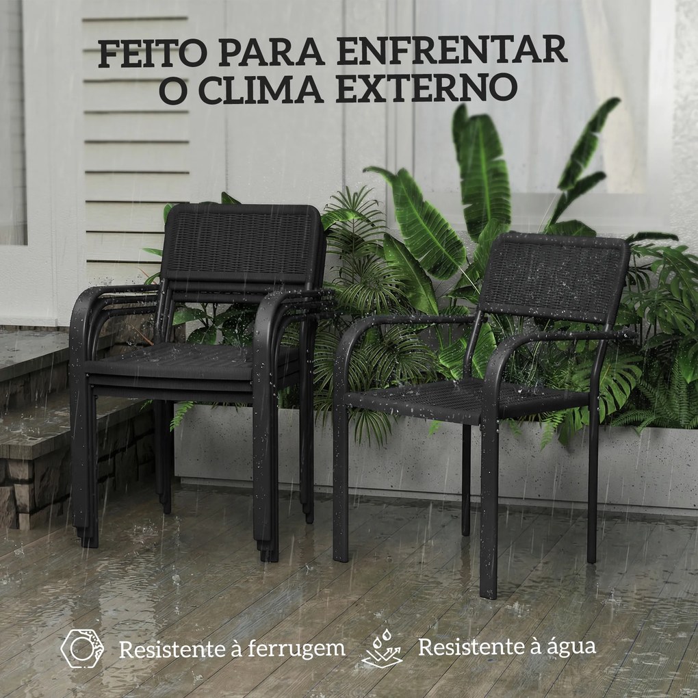 Conjunto de 4 Cadeiras de Jardim Exterior Empilháveis (MESA NÃO INCLUIDA) com Apoios de Braços Encosto e Estrutura de Aço 55x60x83 cm Preto