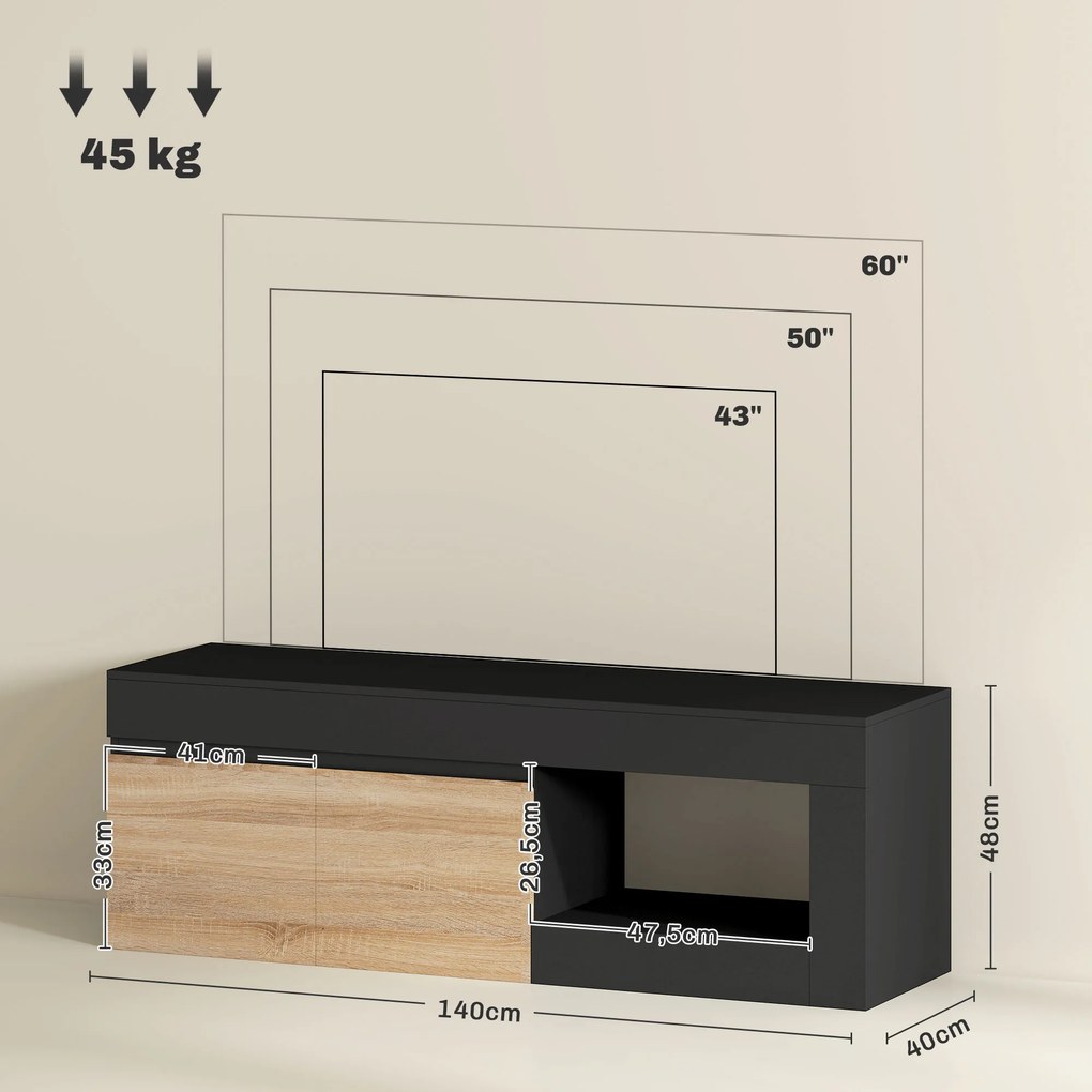 Móvel de TV 140 x 40 x 48 cm com 2 portas para televisores até 60 polegadas, com armário e prateleira aberta, preto